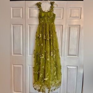 Olive Green Butterfly Appliqué Tulle Gown